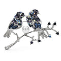 Jeweled Bullfinch Pair on Branch Brooch — Silver & Blue