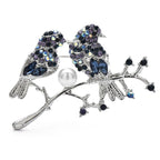 Jeweled Bullfinch Pair on Branch Brooch — Silver & Blue