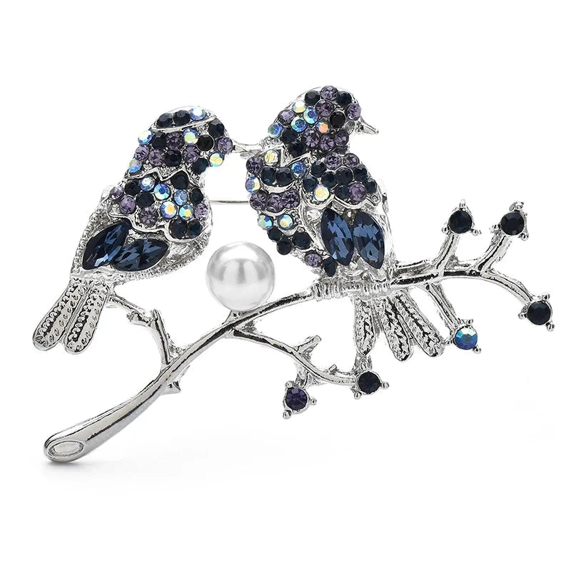 Jeweled Bullfinch Pair on Branch Brooch — Silver & Blue