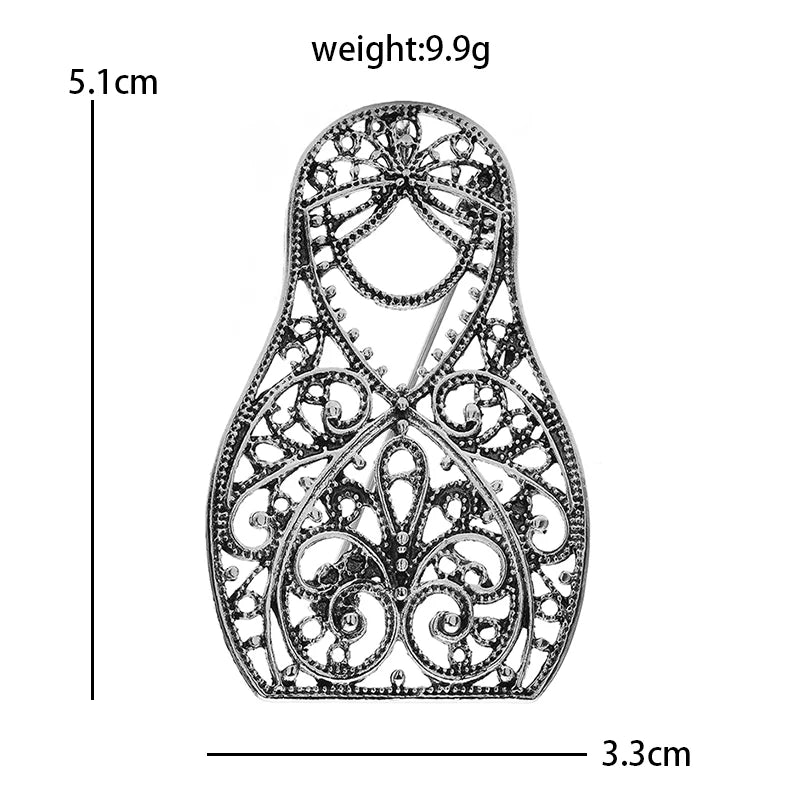 Vintage-Style Openwork Matryoshka Doll Brooch — dimensions