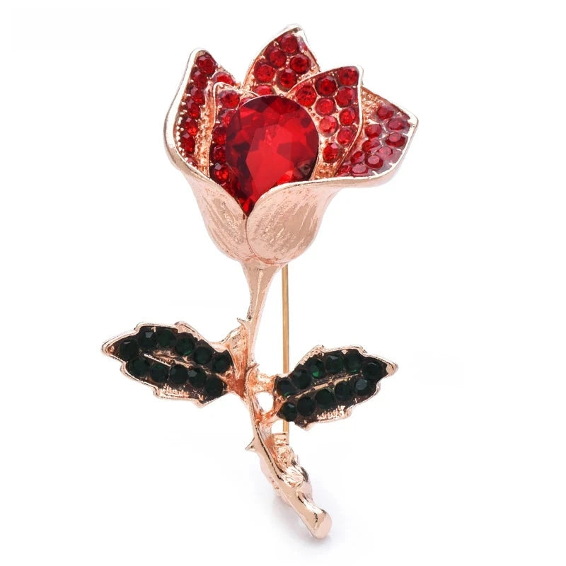 Faceted Rose with Rhinestone Leaves Brooch — Red & Black