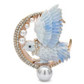 Enamel Flying Bird with Crescent and Pearl-Look Beads Brooch — Blue