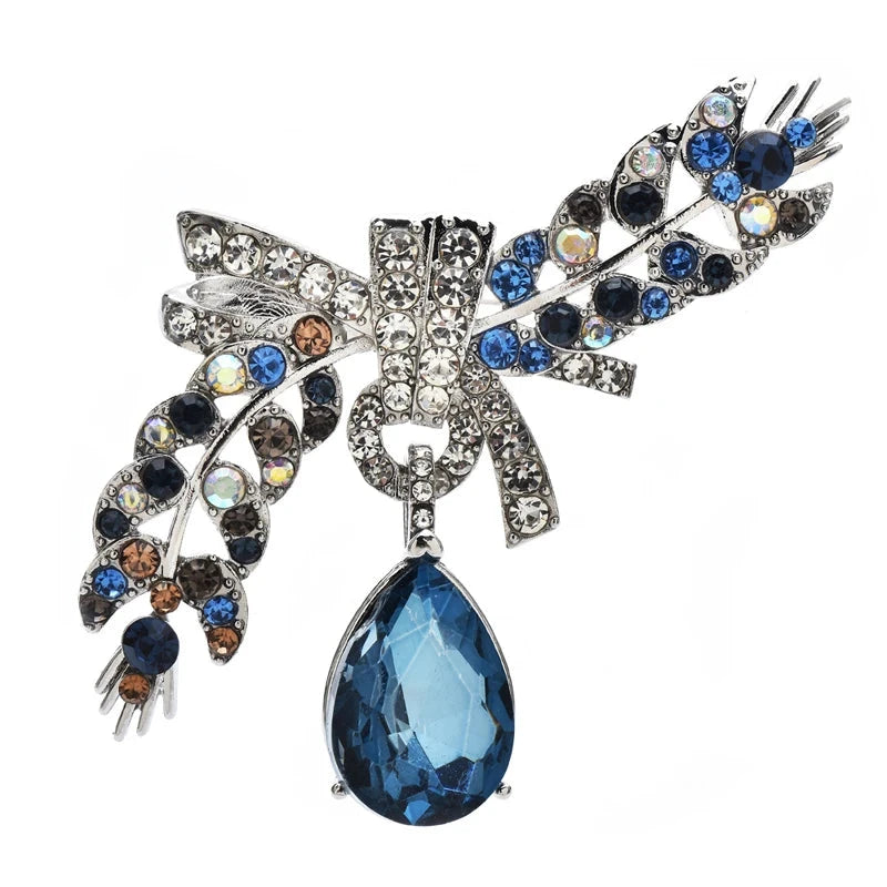 Jeweled Wheat Spray with Bow and Drop Brooch — Blue