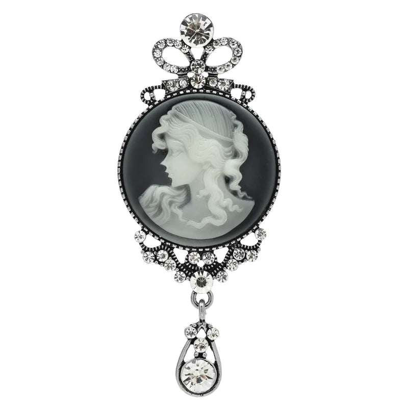 Jeweled Lady Cameo Drop Brooch