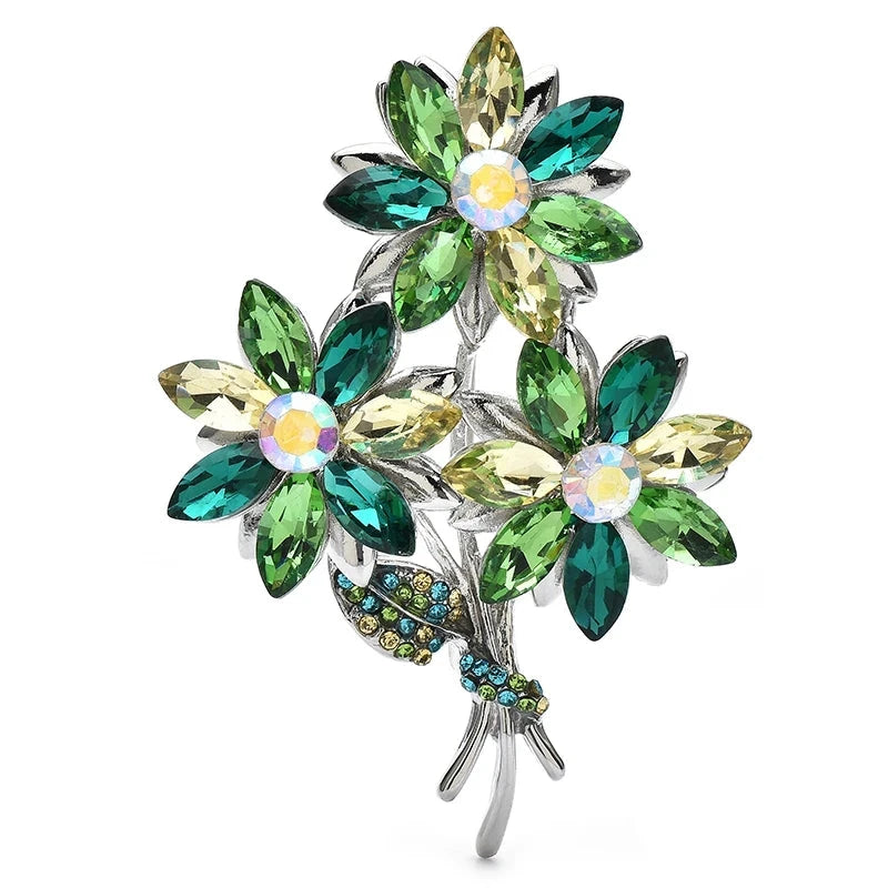 Marquise Rhinestone Three-Flower Bouquet Brooch — Green