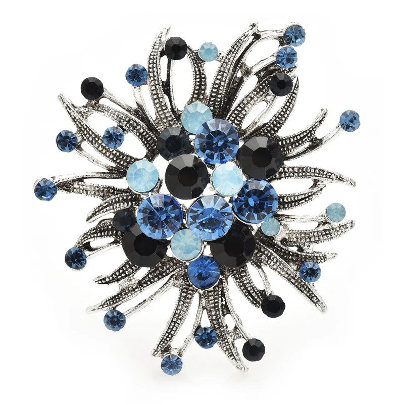Vintage-Style Jeweled Flower with Curved Petals Brooch — Dark Blue