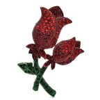Rhinestone Rose Duo with Green Leaves Brooch — Red