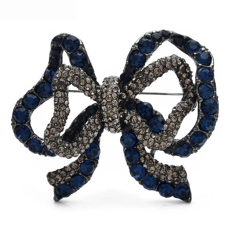 Double-Layer Rhinestone Bow Brooch — Blue