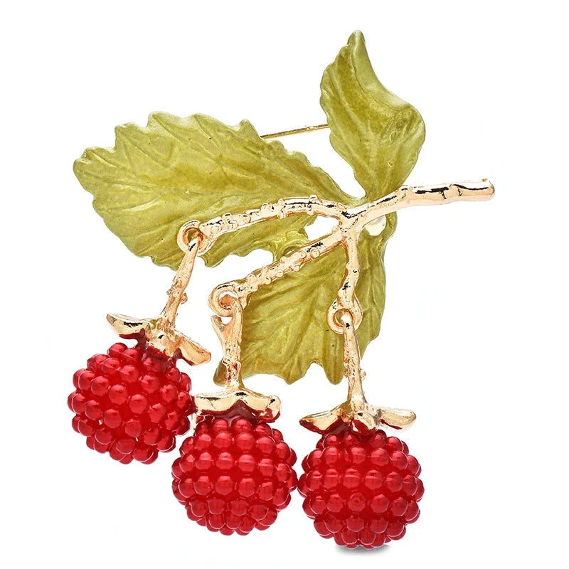 Enamel Berry Branch with Dangling Fruit Brooch — Red