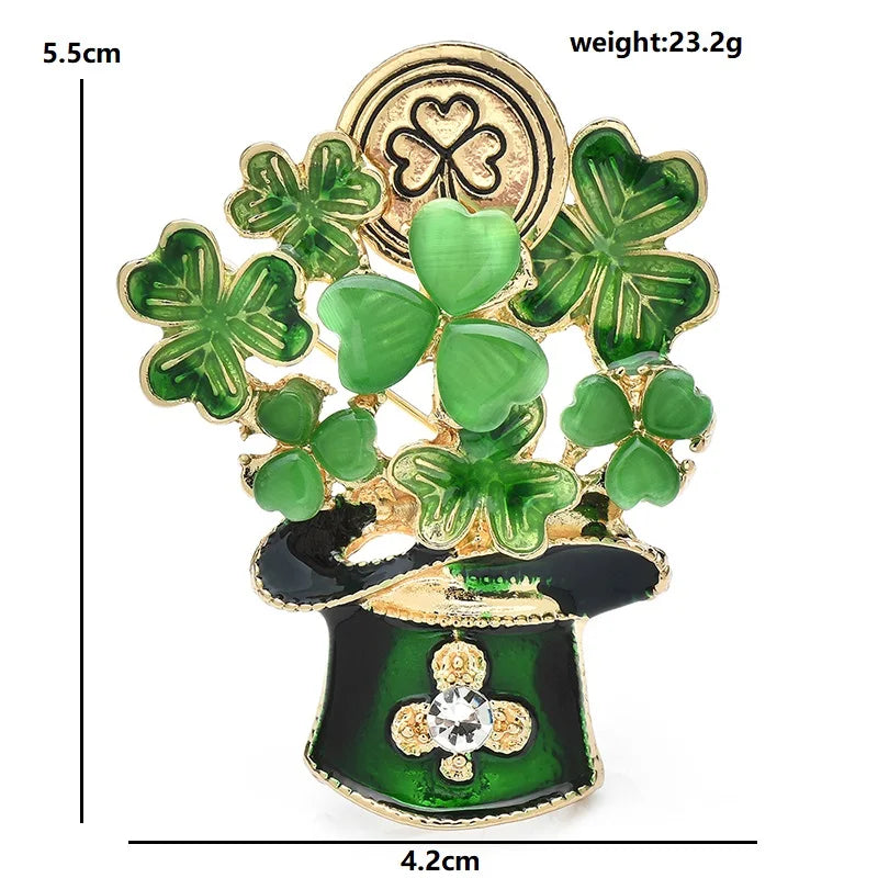 Green Clover in Leprechaun Hat Brooch — dimensions