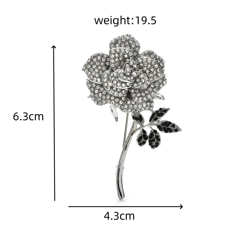 White Rhinestone Rose with Black Leaves Brooch — dimensions