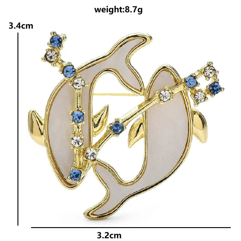 Pisces Dolphins with Blue Star Accents Brooch — dimensions