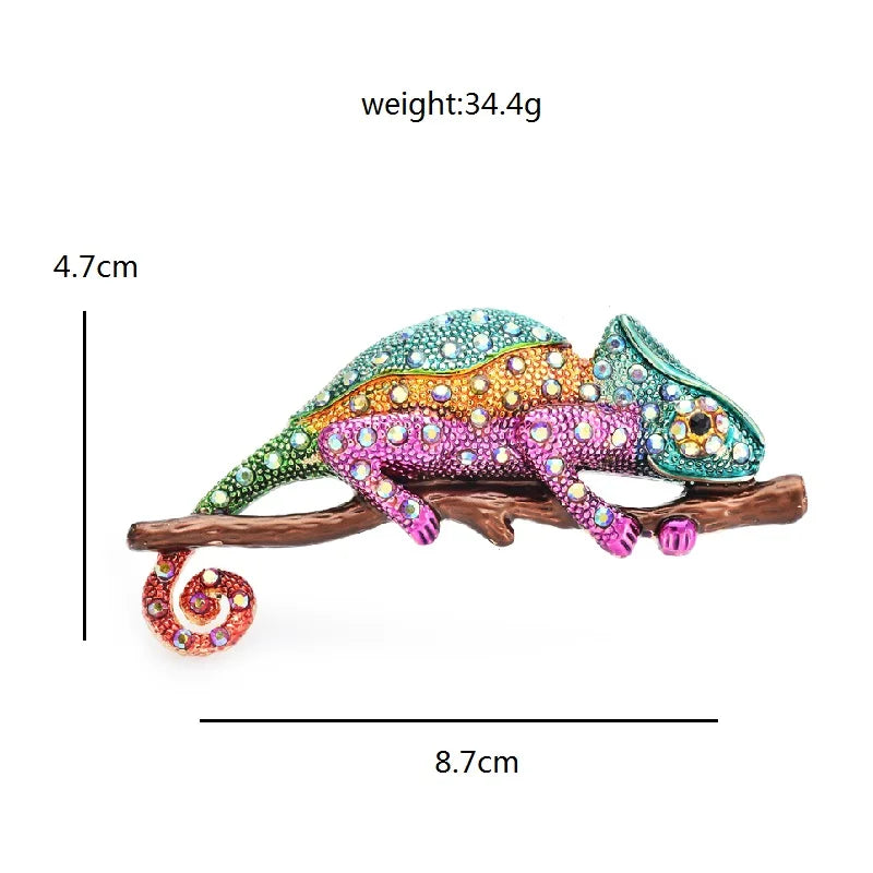 Jeweled Chameleon on Branch Brooch