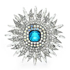 Radiant Rhinestone Sunburst Brooch — Silver & Aqua