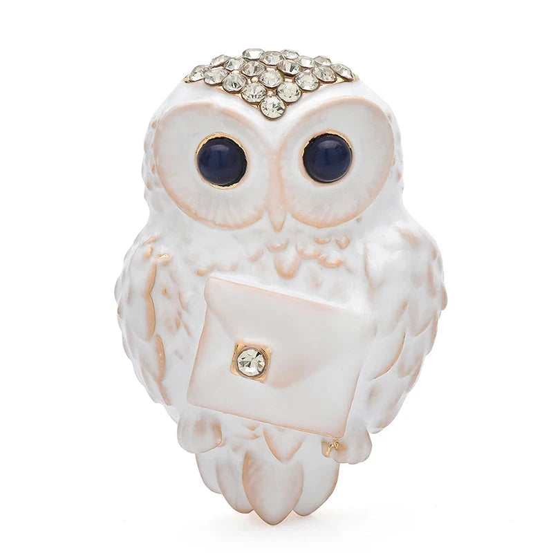 Enamel Owl with White Accent Brooch — White