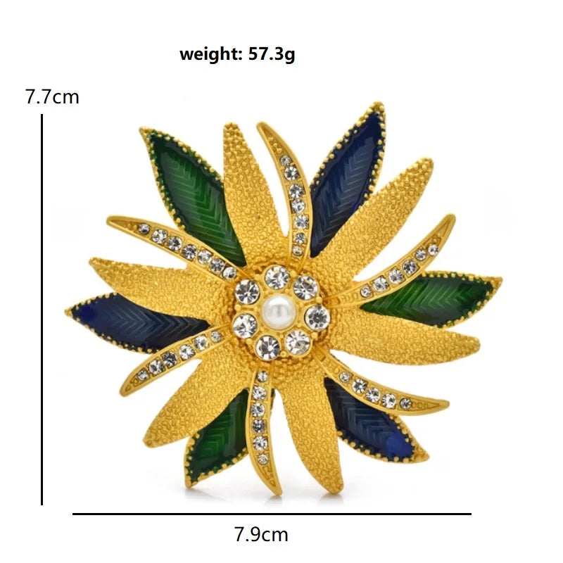Large Layered Flower with Blue and Green Petals Brooch — dimensions