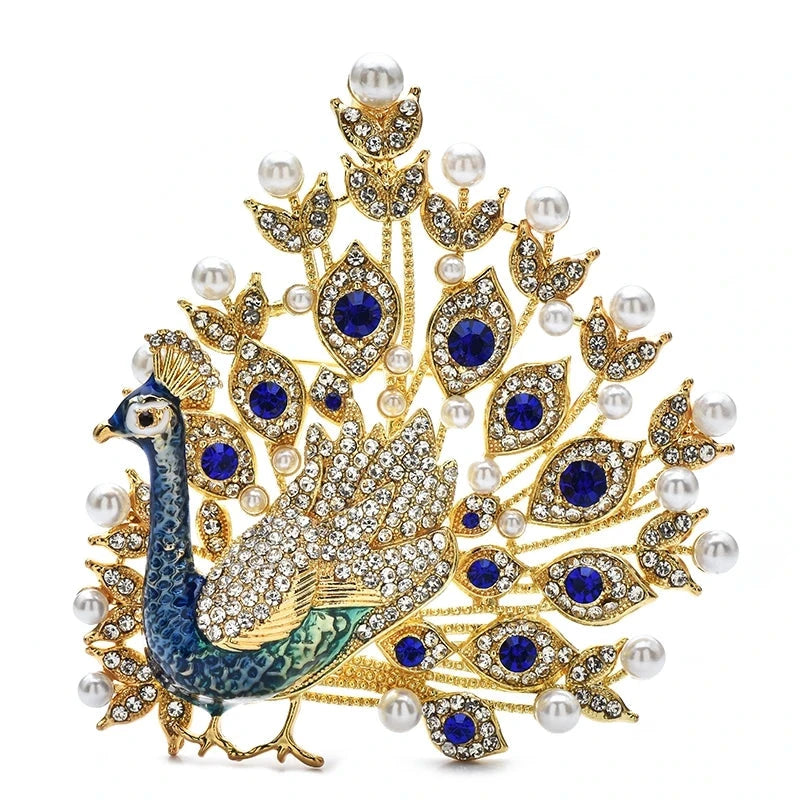Jeweled Peacock with Pearl-Look Tail Brooch — Blue Peacock