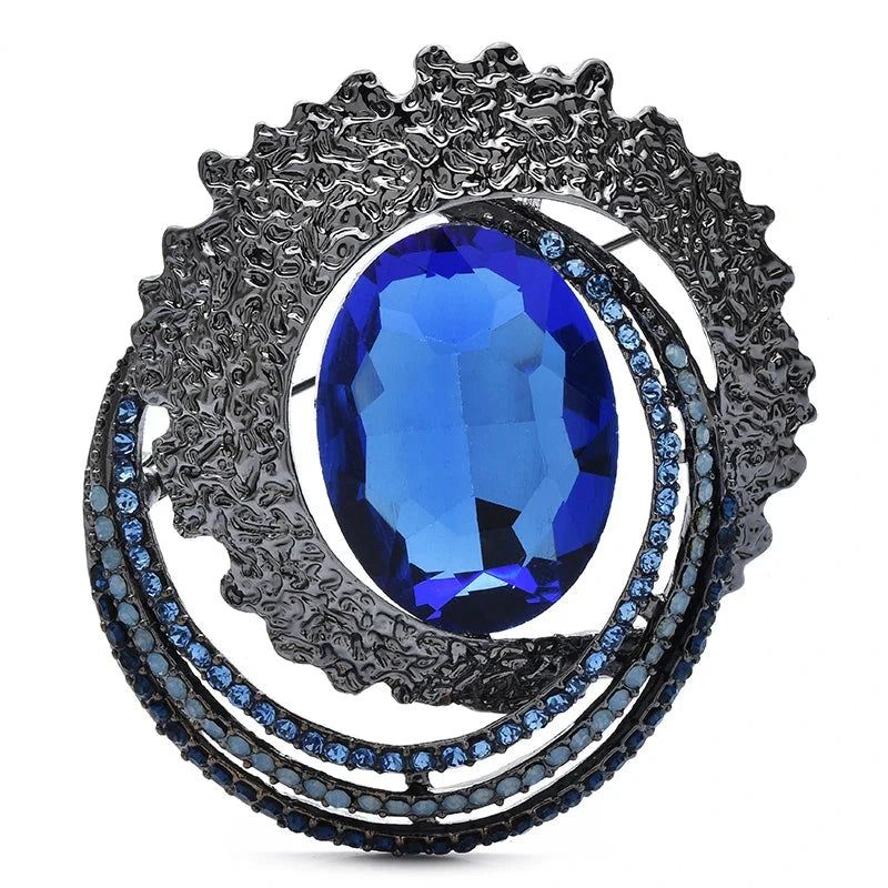 Vintage-Style Faceted Oval with Layered Frame Brooch — Blue