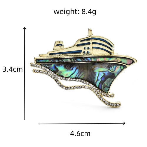 Abalone-Look Cruise Ship with Rhinestone Waves Brooch — dimensions