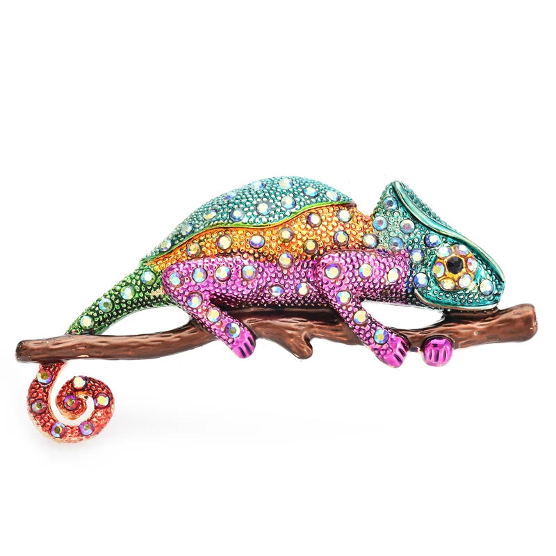 Jeweled Chameleon on Branch Brooch