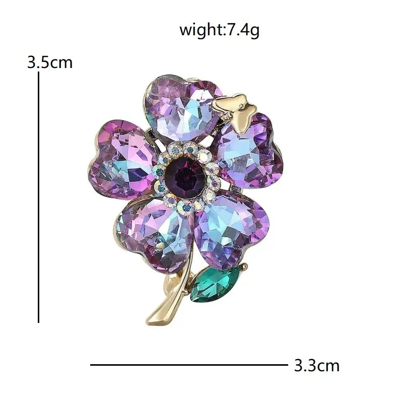 Jeweled Floral and Clover Motif Brooch