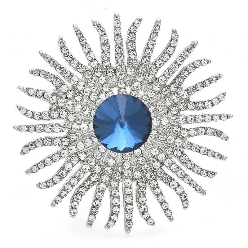 Jeweled Sunburst with Round Center Brooch — Silver & Blue