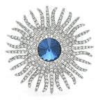 Jeweled Sunburst with Round Center Brooch — Silver & Blue