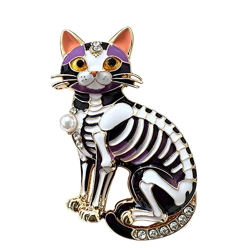 Skeleton Cat with Pearl-Look Accent Brooch original white background variant photo