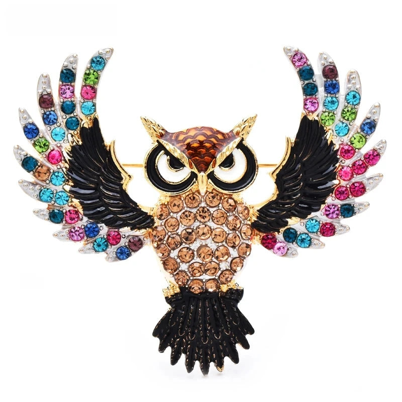 Spread-Wing Owl with Colorful Rhinestones Brooch — Colorful Owl