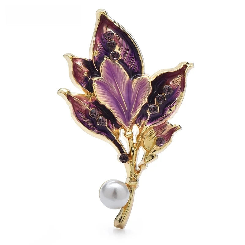 Enamel Leaf Cluster with Pearl-Look Drop Brooch — Purple