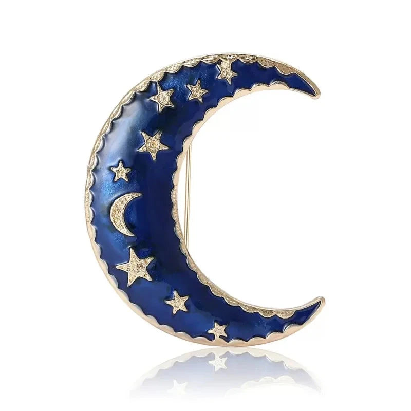 Starry Enamel Crescent Moon Brooch — Blue