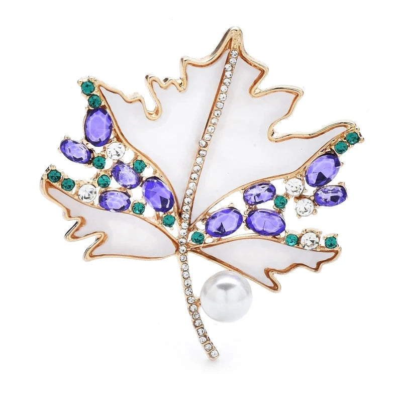 White Maple Leaf with Purple Stones Brooch — Gold