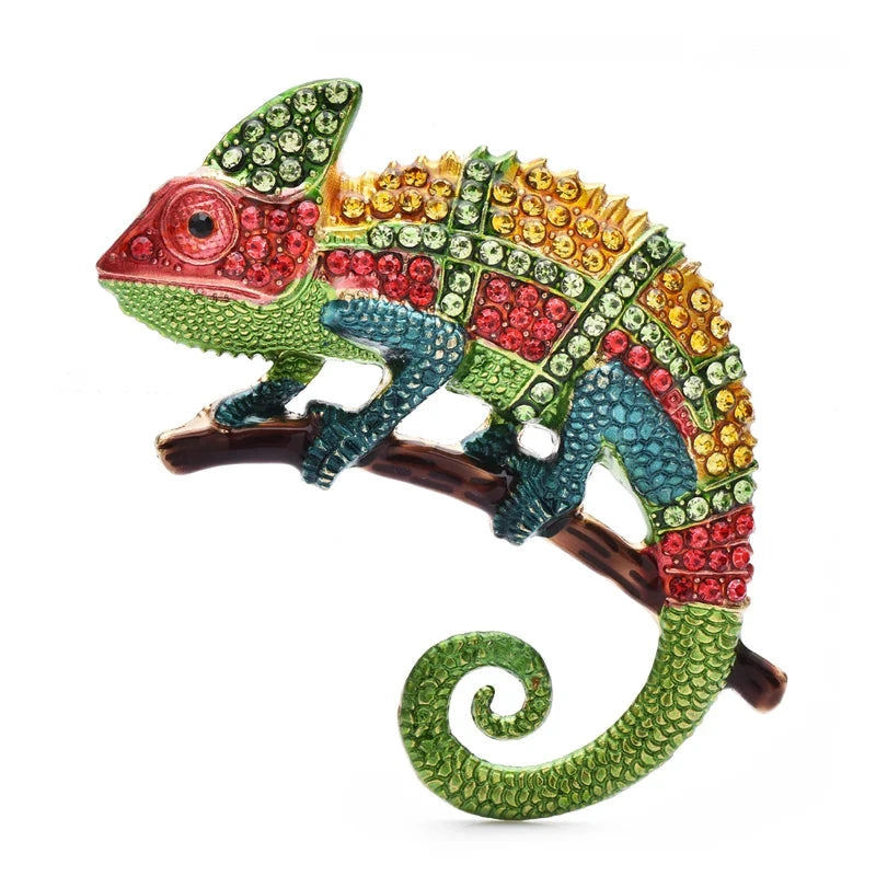 Multicolor Rhinestone Chameleon Brooch — Red