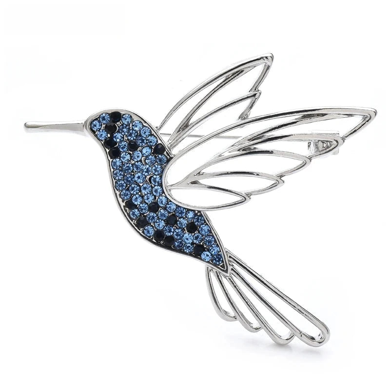 Rhinestone Hummingbird with Openwork Wings Brooch — Blue