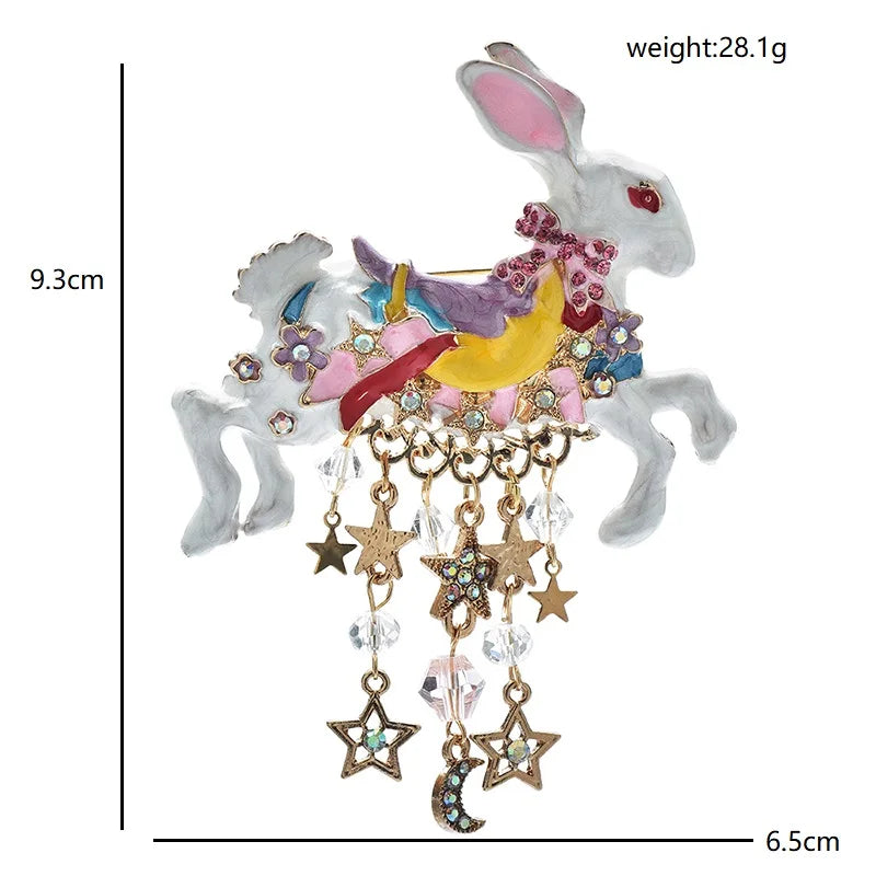 Fantasy White Rabbit with Star and Moon Charms Brooch — dimensions