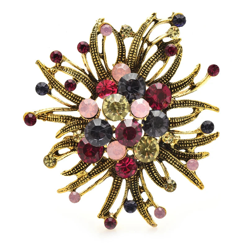 Vintage-Style Jeweled Flower with Curved Petals Brooch — Red