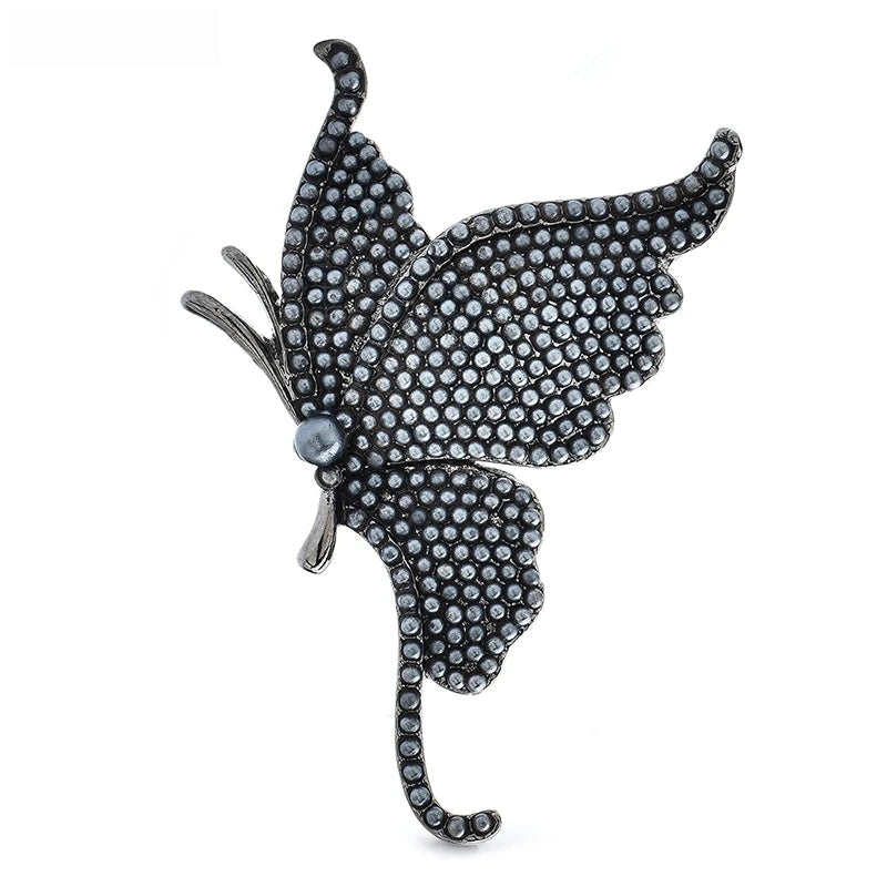Pearl-Look Butterfly Brooch — Black