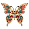 Patterned Enamel Butterfly with Jeweled Details Brooch — Terracotta & Green