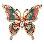 Patterned Enamel Butterfly with Jeweled Details Brooch — Terracotta & Green