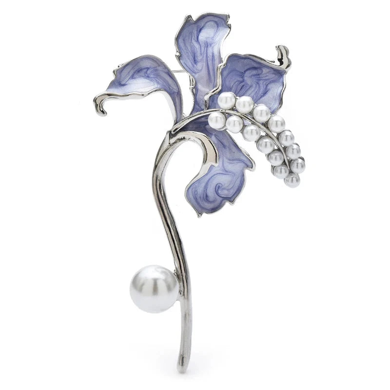Enamel Ruffled Flower with Pearl-Look Beads Brooch — Purple