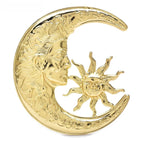 Sun and Crescent Moon Face Brooch — Gold