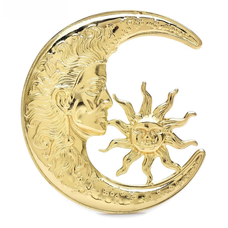 Sun and Crescent Moon Face Brooch