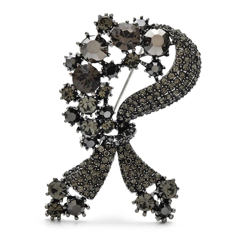 Vintage-Style Floral Rhinestone Bow Brooch — Gray