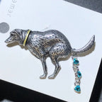 Playful Dog with Dangling Blue Crystals Brooch