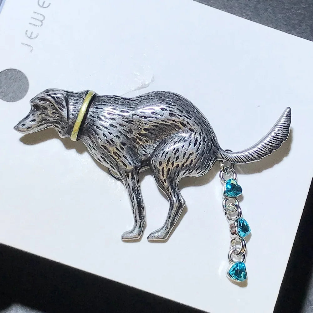 Playful Dog with Dangling Blue Crystals Brooch