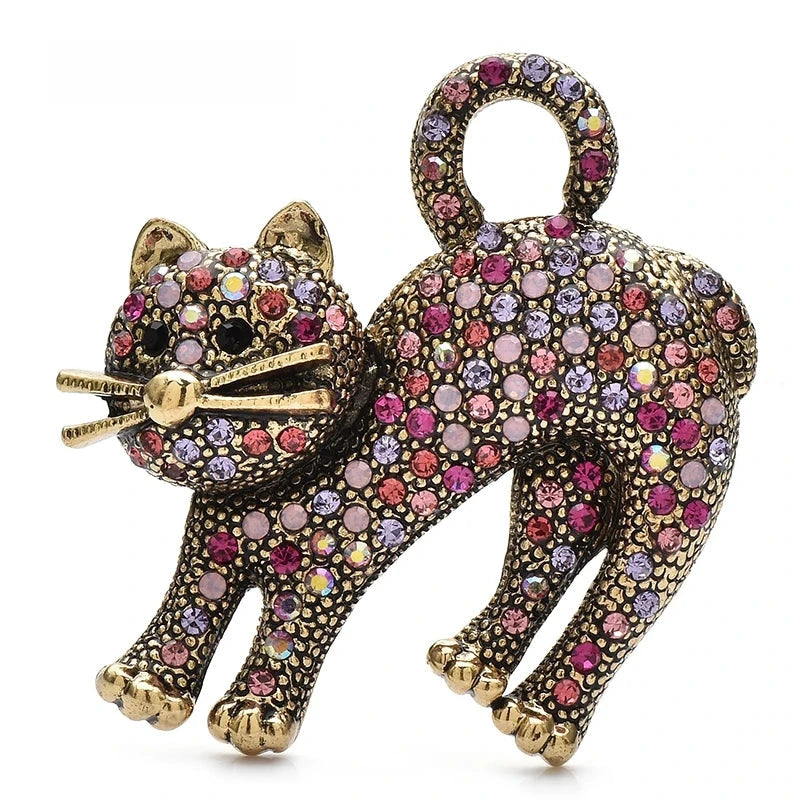 Arched-Back Rhinestone Cat Brooch — Pink