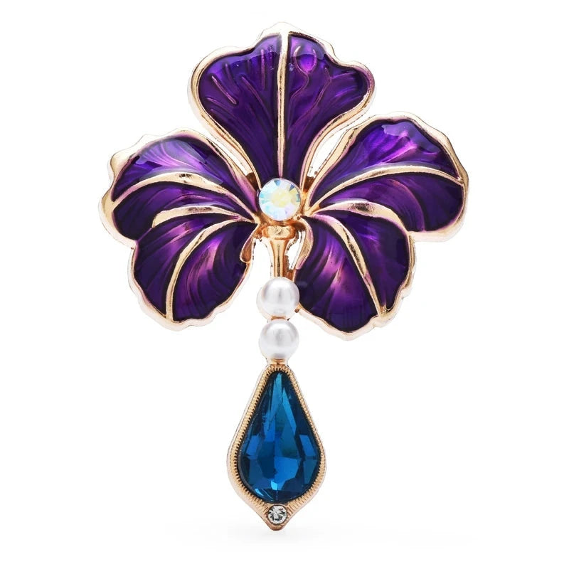 Enamel Flower with Teardrop Pendant Brooch — Purple & Blue