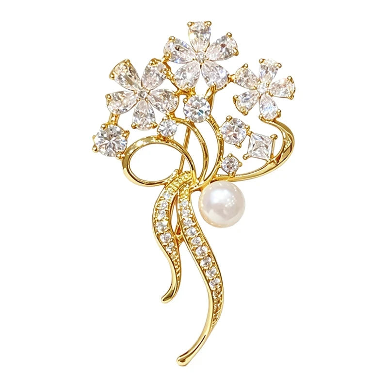 Sparkling Flower Bouquet with Pearlescent Drop Brooch original white background product photo