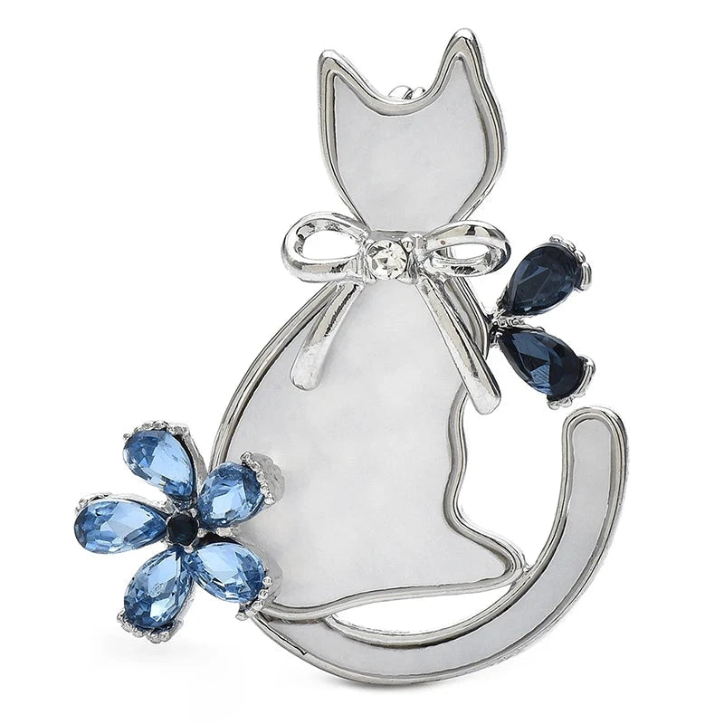 Flower Cat with Pearl-Look Body Brooch — Silver