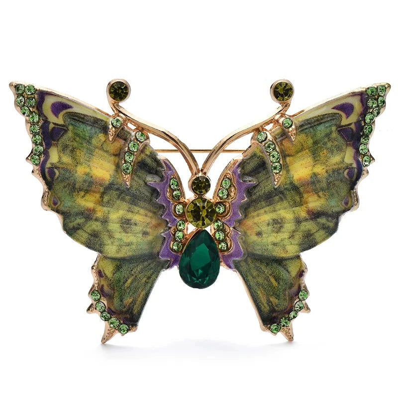 Patterned Enamel Butterfly with Scalloped Wings Brooch — Green